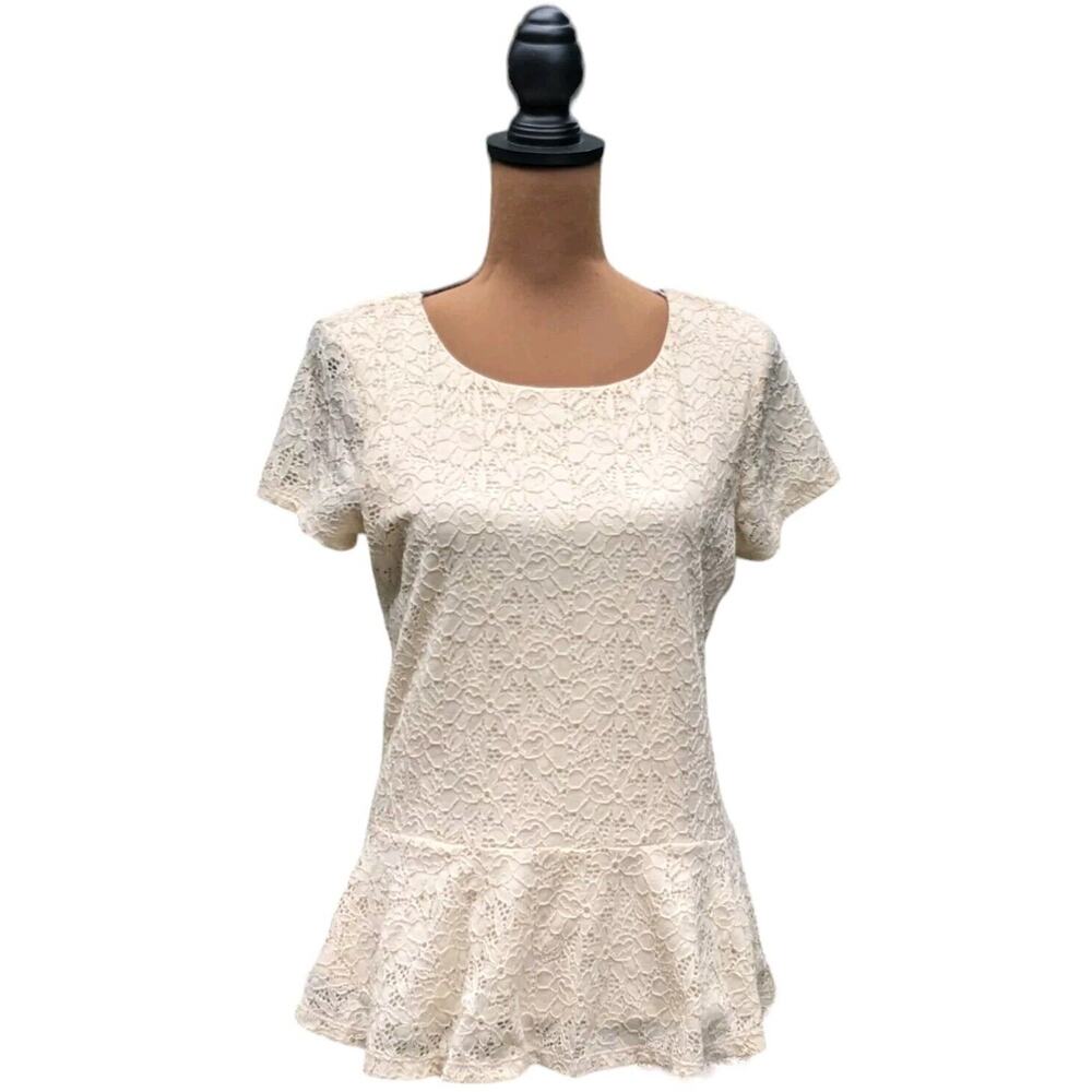 Bobeau Lace Peplum Blouse S Ivory Short Sleeves Lined Zip Coquette Cottagecore